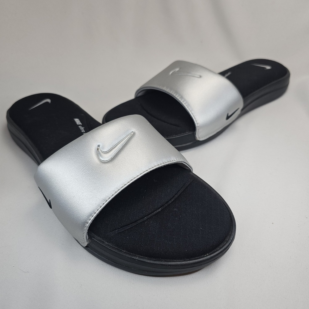 Nike Ultra Comfort 3 Slides Black Metallic Silver Womens Size 11 AR4497-007